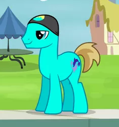 Size: 414x440 | Tagged: safe, derpibooru import, screencap, unnamed character, unnamed pony, earth pony, pony, leap of faith, background pony, cropped, eyes closed, hat, male, solo, stallion, swimming cap
