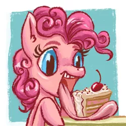 Size: 1000x1000 | Tagged: safe, artist:kovoranu, derpibooru import, pinkie pie, earth pony, pony, cake, cherry, female, food, long tongue, mare, nom, parody, tongue out