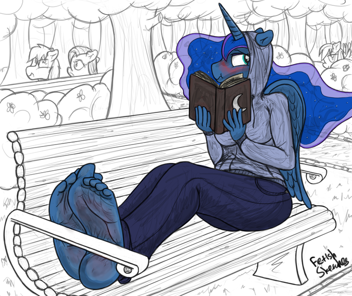 Size: 2000x1682 | Tagged: suggestive, artist:fetishsketches, derpibooru import, princess celestia, princess luna, rainbow dash, anthro, pony, background pony, barefoot, bench, blushing, book, boots, breasts, clothes, commission, couple, dirt, dirty, dirty feet, discarded clothing, embarrassed, feet, fetish, foot fetish, foot focus, high heel boots, hoodie, jeans, pants, park, rock paper scissors, shoes, signature, sketch, smug, soles, toes, tree
