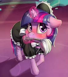Size: 1199x1347 | Tagged: safe, artist:alcor, derpibooru import, twilight sparkle, twilight sparkle (alicorn), alicorn, pony, alcor is trying to murder us, blushing, cheek fluff, choker, clothes, costume, cute, daaaaaaaaaaaw, embarrassed, female, fishnets, floppy ears, glowing horn, hnnng, horn, looking at you, magic, maid, maid headdress, mare, mouth hold, precious, roleplaying, socks, solo, standing, stockings, stupid sexy twilight, sweet dreams fuel, telekinesis, thigh highs, twiabetes, uniform, weapons-grade cute