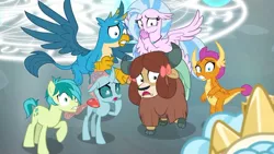 Size: 1280x720 | Tagged: safe, derpibooru import, screencap, cozy glow, gallus, ocellus, sandbar, silverstream, smolder, yona, changedling, changeling, classical hippogriff, dragon, earth pony, gryphon, hippogriff, pony, yak, school raze, bow, chest fluff, claws, cloven hooves, crown, cutie mark, dragoness, female, floppy ears, flying, hair bow, hand over mouth, hoof over mouth, jewelry, magic, magic circle, male, monkey swings, paws, regalia, scared, shocked, student six, tail, teenager, toes, uh oh, wings