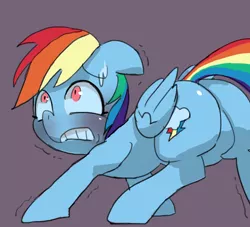 Size: 1100x1000 | Tagged: safe, artist:baigak, derpibooru import, rainbow dash, pegasus, pony, blushing, butt, featureless crotch, female, floppy ears, mare, nervous, plot, scared, scaredy dash, simple background, solo, sweat