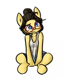 Size: 750x900 | Tagged: safe, artist:spheedc, derpibooru import, oc, oc:sphee, earth pony, semi-anthro, clothes, digital art, female, glasses, hair bun, mare, shorts, simple background, sitting, solo, wet clothes, wet shirt, white background