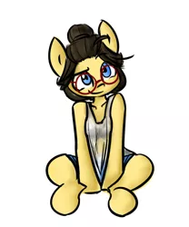 Size: 750x900 | Tagged: safe, alternate version, artist:spheedc, derpibooru import, oc, oc:sphee, earth pony, semi-anthro, clothes, digital art, female, glasses, hair bun, mare, shorts, simple background, sitting, solo, wet clothes, wet shirt, white background