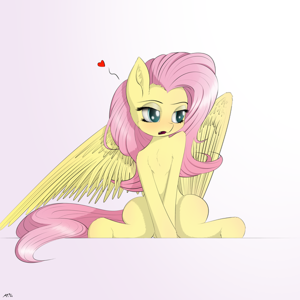 Size: 3300x3300 | Tagged: safe, artist:maneingreen, derpibooru import, fluttershy, pegasus, pony, blushing, chest fluff, cute, cute little fangs, fangs, heart, solo, wings, wolf teeth