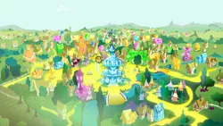 Size: 1440x810 | Tagged: crystal, derpibooru import, gold, golden road, inspiration manifestation, no pony, ponyville, ponyville schoolhouse, ponyville town hall, river, safe, scenery, screencap, town, transformed