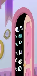 Size: 310x630 | Tagged: cropped, derpibooru import, door, eye, eyes, eyes in the dark, female, gallus, male, ocellus, safe, sandbar, school raze, screencap, silverstream, smolder, student six, yona