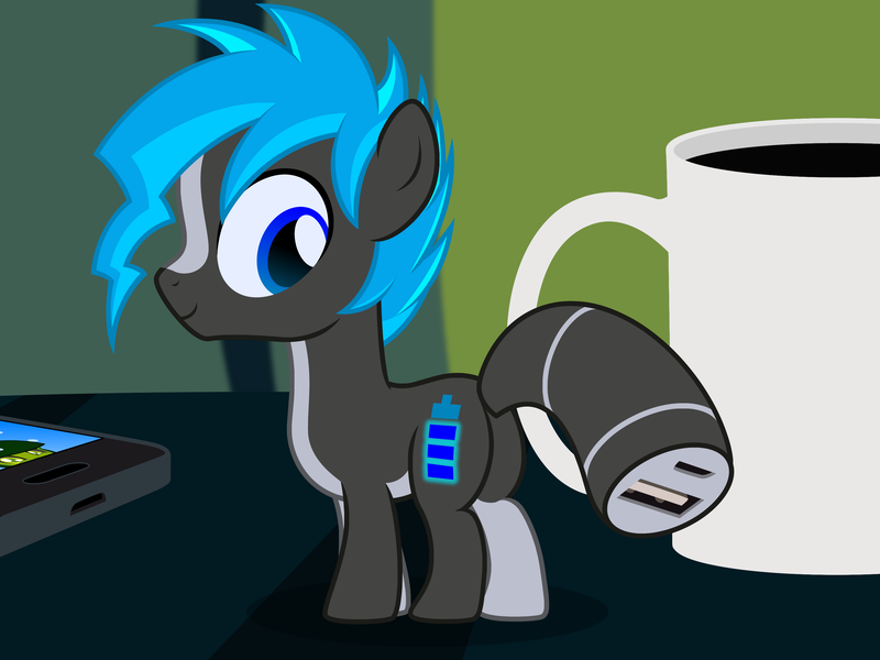 Size: 3067x2300 | Tagged: safe, artist:badumsquish, derpibooru import, oc, oc:elkie.exe, ponified, booster pack pony, computer virus pony, object pony, original species, pony, blaze (coat marking), booster pack, coffee, coffee mug, colt, computer virus, foal, glowing cutie mark, looking back, male, mobile phone, mug, phone, show accurate, smiling, socks (coat marking), solo, table, tiny, tiny ponies, two-tone coat, usb, usb port, usb tail, wat, when you see it