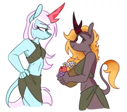 Size: 560x492 | Tagged: anthro, anthro oc, apple, artist:redxbacon, basket, blushing, clothes, derpibooru import, female, flower, food, grapes, hand on hip, kirin, kirin oc, lesbian, looking at each other, oc, orange, safe, simple background, smiling, sounds of silence, unofficial characters only, white background