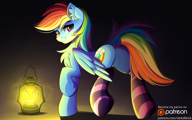 Size: 3888x2423 | Tagged: safe, artist:airiniblock, derpibooru import, part of a set, rainbow dash, pegasus, pony, butt, chest fluff, clothes, cute, ear fluff, featureless crotch, female, halloween, holiday, lantern, looking back, mare, patreon, patreon logo, plot, rcf community, smiling, socks, stockings, striped socks, stupid sexy rainbow dash, thigh highs