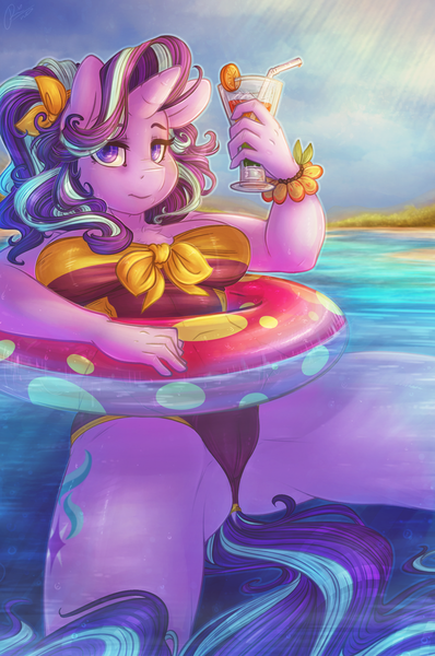 Size: 2124x3200 | Tagged: questionable, alternate version, artist:dimwitdog, derpibooru import, starlight glimmer, anthro, unicorn, alcohol, beach, bicolor swimsuit, black swimsuit, bow swimsuit, bracelet, breasts, busty starlight glimmer, cameltoe, chest fluff, cleavage fluff, clothes, cutie mark, drink, female, floaty, inflatable, inflatable toy, inner tube, jewelry, looking at you, mare, pool toy, solo, solo female, summer, swimsuit, tropical, water