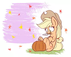 Size: 2100x1700 | Tagged: safe, artist:heir-of-rick, derpibooru import, applejack, earth pony, pony, abstract background, autumn, autumn leaves, cowboy hat, cute, falling leaves, female, freckles, halloween, hat, holiday, jackabetes, knife, leaf, leaves, mare, mouth hold, pumpkin, pumpkin carving, sitting, smiling, solo