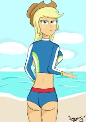 Size: 619x874 | Tagged: suggestive, artist:sneakycsgo, derpibooru import, applejack, human, equestria girls, equestria girls series, breasts, busty applejack, clothes, cowboy hat, female, freckles, green eyes, hat, humanized, looking at you, solo, solo female, swimsuit