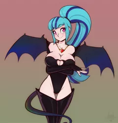 Size: 1539x1600 | Tagged: suggestive, artist:scorpdk, derpibooru import, sonata dusk, human, succubus, equestria girls, absolute cleavage, anime, arm under breasts, bat wings, big breasts, blushing, boots, breasts, busty sonata dusk, cleavage, clothes, costume, female, gloves, gradient background, hair tie, halloween, halloween costume, holiday, humanized, jewelry, leather, leotard, long gloves, looking at you, necklace, ponytail, sexy, shoes, smiling, solo, solo female, spread wings, standing, strapless, succubus tail, tail, thigh boots, thigh gap, thong leotard, underass, wings