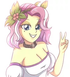 Size: 1769x1952 | Tagged: safe, artist:sumin6301, derpibooru import, vignette valencia, equestria girls, equestria girls series, rollercoaster of friendship, bare shoulders, beauty mark, breasts, busty vignette valencia, choker, cleavage, clothes, female, looking at you, mole, peace sign, simple background, smiling, solo, white background