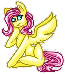 Size: 1669x1908 | Tagged: safe, artist:juliamity, derpibooru import, fluttershy, pegasus, pony, chest fluff, female, mare, signature, simple background, sitting, solo, spread wings, transparent background, wings