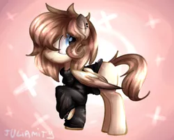 Size: 800x643 | Tagged: safe, artist:juliamity, derpibooru import, oc, unofficial characters only, pegasus, pony, clothes, ear piercing, earring, eye clipping through hair, female, hair over one eye, jewelry, mare, piercing, raised hoof, signature, solo, sweater