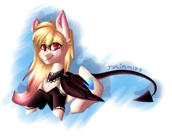 Size: 1848x1498 | Tagged: safe, artist:juliamity, derpibooru import, oc, unofficial characters only, demon, demon pony, original species, pony, bat wings, choker, colored pupils, ear fluff, eye clipping through hair, female, mare, red eyes, signature, simple background, solo, transparent background, wings