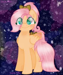 Size: 1132x1332 | Tagged: safe, artist:yanderechan01, derpibooru import, oc, oc:flutter sweet, unofficial characters only, pegasus, pony, abstract background, bow, eye clipping through hair, female, hair bow, looking at you, mare, offspring, parent:big macintosh, parent:fluttershy, parents:fluttermac, signature, smiling, solo, tail bow