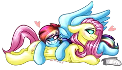 Size: 2000x1157 | Tagged: safe, artist:juliamity, derpibooru import, fluttershy, rainbow dash, pegasus, pony, blushing, book, female, floppy ears, flutterdash, heart, lesbian, looking at each other, lying down, mare, one eye closed, shipping, signature, simple background, spread wings, transparent background, wings