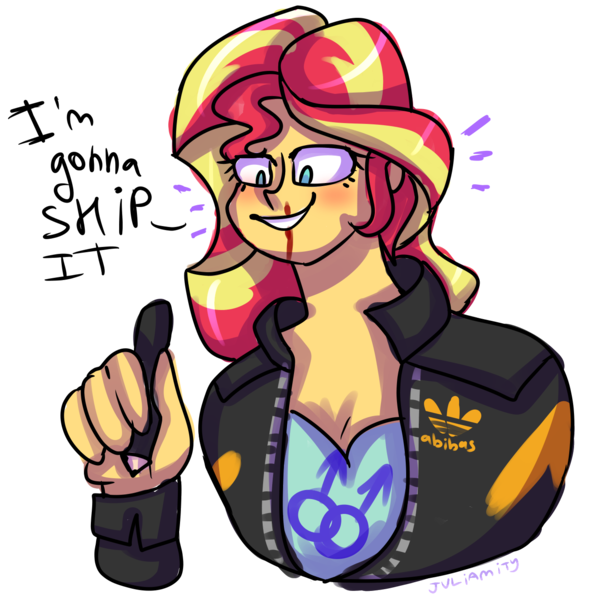 Size: 1366x1380 | Tagged: safe, artist:juliamity, derpibooru import, sunset shimmer, equestria girls, blood, female, grin, implied lesbian, nosebleed, pen, shipper on deck, signature, simple background, smiling, solo, sunset shipper, transparent background
