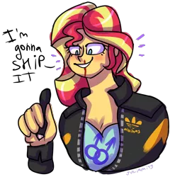 Size: 1366x1380 | Tagged: safe, artist:juliamity, derpibooru import, sunset shimmer, equestria girls, blood, female, grin, implied lesbian, nosebleed, pen, shipper on deck, signature, simple background, smiling, solo, sunset shipper, transparent background