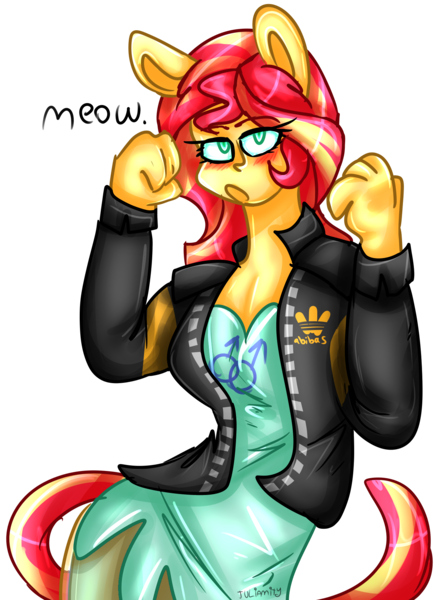 Size: 1414x1920 | Tagged: safe, artist:juliamity, derpibooru import, sunset shimmer, anthro, cat, equestria girls, cat ears, cat tail, female, implied lesbian, looking at you, meow, signature, simple background, solo, species swap, transparent background