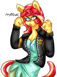 Size: 1414x1920 | Tagged: safe, artist:juliamity, derpibooru import, sunset shimmer, anthro, cat, equestria girls, cat ears, cat tail, female, implied lesbian, looking at you, meow, signature, simple background, solo, species swap, transparent background