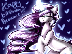 Size: 1600x1200 | Tagged: safe, artist:juliamity, derpibooru import, oc, unofficial characters only, pony, unicorn, female, glowing horn, hair over one eye, happy birthday, heart, horn, mare, raised hoof, signature, solo