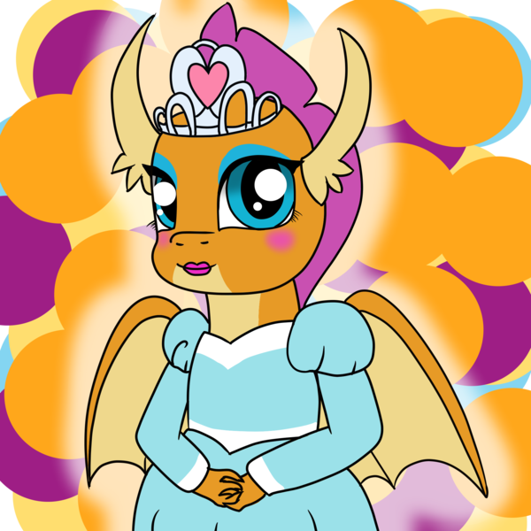 Size: 2000x2000 | Tagged: abstract background, artist:artistathefilly, clothes, derpibooru import, dragon, dragoness, dress, female, jewelry, lipstick, makeup, princess smolder, safe, smolder, solo, tiara, what lies beneath