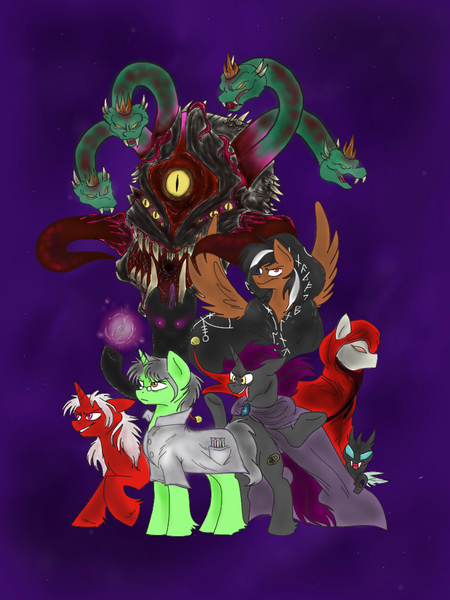 Size: 768x1024 | Tagged: semi-grimdark, artist:zigragirl, derpibooru import, oc, unofficial characters only, changeling, demon, earth pony, pegasus, pony, unicorn, antagonist, cape, clothes, flask, glowing eyes, lab coat, male, mask, robe, stallion, traditional art