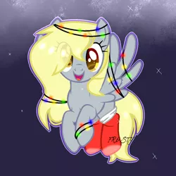 Size: 1200x1200 | Tagged: safe, artist:lazuli, derpibooru import, derpy hooves, pegasus, pony, :d, alternate hairstyle, christmas, christmas lights, christmas stocking, clothes, eye clipping through hair, eyelashes, flying, hair over one eye, holiday, looking at you, smiling, socks, solo, tangled up