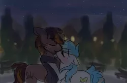 Size: 2000x1300 | Tagged: safe, artist:elisdoominika, derpibooru import, oc, oc:fahu, oc:sweet elis, earth pony, pony, blushing, falis, female, kissing, male, night, scenery, shipping, snow, straight, town