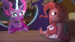 Size: 1024x576 | Tagged: safe, artist:wubcakeva, derpibooru import, sci-twi, twilight sparkle, oc, oc:mezma, equestria girls, breasts, busty sci-twi, busty twilight sparkle, clothes, fingerless gloves, gloves, lidded eyes, midnight sparkle, open mouth, sitting, table