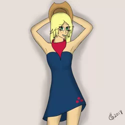 Size: 1024x1024 | Tagged: safe, artist:goldhajik, derpibooru import, applejack, equestria girls, alternate costumes, alternate hairstyle, armpits, bare shoulders, clothes, dress