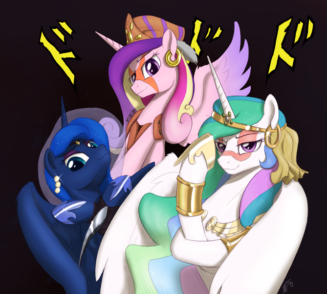 Size: 1640x1470 | Tagged: safe, artist:brisineo, derpibooru import, princess cadance, princess celestia, princess luna, alicorn, pony, alicorn triarchy, anime, clothes, costume, esidisi, eyeshadow, female, hat, horseshoes, japanese, jewelry, jojo pose, jojo's bizarre adventure, kars, looking at you, makeup, mare, pillar men, pose, raised eyebrow, regalia, simple background, smiling, smug, wamuu