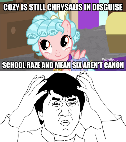 Size: 600x675 | Tagged: safe, derpibooru import, edit, edited screencap, screencap, cozy glow, pegasus, pony, school raze, the mean 6, caption, denial, female, filly, image macro, implied chrysalis, insane troll logic, jackie chan, meme, text