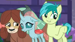 Size: 1280x720 | Tagged: safe, derpibooru import, screencap, ocellus, sandbar, yona, changedling, changeling, pony, yak, school raze, male, smiling, teenager