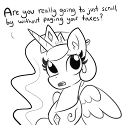 Size: 1280x1280 | Tagged: safe, artist:tjpones, derpibooru import, princess celestia, alicorn, pony, black and white, bust, crown, cute, cutelestia, dialogue, ear fluff, extortion, female, frown, grayscale, horse taxes, jewelry, lidded eyes, lineart, looking at you, looking up, mare, monochrome, peytral, portrait, raised hoof, regalia, sad, simple background, sitting, solo, spread wings, talking to viewer, taxes, text, that pony sure does love taxes, white background, wings