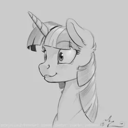 Size: 900x900 | Tagged: safe, artist:amarynceus, deleted from derpibooru, derpibooru import, twilight sparkle, pony, unicorn, female, gray background, mare, monochrome, simple background, sketch, smiling, solo