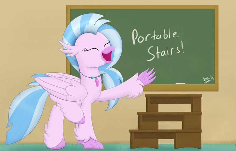 Size: 4700x3000 | Tagged: artist:arcane-thunder, chalkboard, classical hippogriff, cute, derpibooru import, diastreamies, digital art, eyes closed, female, folded wings, happy, high res, hippogriff, one hoof raised, open mouth, quadrupedal, safe, silverstream, solo, stairs, text, that hippogriff sure does love stairs, wings