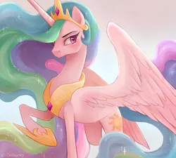 Size: 4000x3600 | Tagged: safe, artist:kodabomb, derpibooru import, princess celestia, alicorn, pony, beautiful, celestia is bestia, chestplate, crown, cutie mark, ethereal mane, ethereal tail, female, flowing mane, flowing tail, frown, gradient background, hoof shoes, jewelry, majestic, mare, misplaced cutie mark, multicolored mane, multicolored tail, praise the sun, raised hoof, regalia, royalty, serious, solo, spread wings, wings