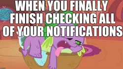 Size: 1280x720 | Tagged: safe, derpibooru import, editor:useraccount, spike, derpibooru, the return of harmony, caption, exhausted, golden oaks library, image macro, meme, meta, notifications, text, tired, tongue out