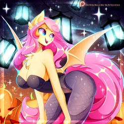 Size: 2200x2200 | Tagged: suggestive, artist:koveliana, derpibooru import, fluttershy, anthro, bat pony, pegasus, alternate hairstyle, bare shoulders, bat ponified, bat wings, bend over, bent over, big breasts, breasts, busty fluttershy, butt, cheek fluff, chest fluff, chromatic aberration, cleavage, cleavage fluff, clothes, costume, curvy, cute, cute little fangs, ear fluff, ear tufts, eyelashes, fangs, female, fishnets, flutterbat, flutterbutt, halloween, halloween costume, hands on knees, high res, holiday, jack-o-lantern, lantern, leotard, looking back, mare, night, night sky, open mouth, pantyhose, patreon, patreon logo, pose, pumpkin, race swap, seductive, seductive pose, sideboob, side view, signature, skintight clothes, sky, smiling, solo, solo female, sparkles, sparkly eyes, spread wings, stars, stupid sexy flutterbat, stupid sexy fluttershy, sultry pose, tail, wall of tags, wings