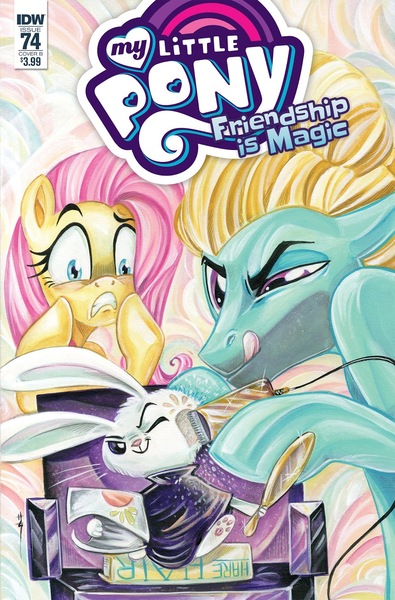 Size: 1054x1600 | Tagged: safe, artist:sararichard, derpibooru import, idw, official, angel bunny, fluttershy, zephyr breeze, pegasus, pony, spoiler:comic, spoiler:comic74, comic cover, cover, electric razor, mirror, my little pony logo