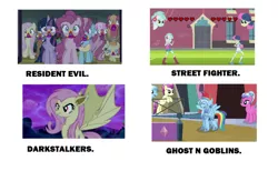 Size: 1024x629 | Tagged: safe, derpibooru import, edit, edited screencap, screencap, big macintosh, bon bon, cheerilee, cup cake, fluttershy, lyra heartstrings, pinkie pie, pound cake, pumpkin cake, rainbow dash, sweetie drops, twilight sparkle, twilight sparkle (alicorn), alicorn, bat pony, crystal pony, 28 pranks later, all's fair in love and friendship games, equestria girls, scare master, the crystal empire, armor, bat ponified, crystal guard armor, darkstalkers, flutterbat, ghost n goblins, ghosts and goblins, lance, race swap, resident evil, street fighter, weapon