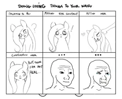 Size: 900x731 | Tagged: 1000 hours in ms paint, artist:extrasadandgay, bait and switch, blushing, crying, derpibooru import, dialogue, disembodied hand, doing loving things, feels, female, fluttershy, forever alone, hand, heart, looking at you, mare, meme, monochrome, oc, oc:anon, pure unfiltered evil, reality, reality ensues, reality sucks, safe, simple background, waifu, wojak