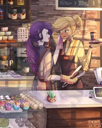Size: 1200x1500 | Tagged: safe, artist:tcn1205, derpibooru import, applejack, fluttershy, pinkie pie, rainbow dash, rarity, spike, twilight sparkle, human, equestria girls, anime, apron, barista, blushing, cafe, cake, clothes, coffee, coffee machine, coffee mug, coffee shop, cupcake, cute, display case, donut, ear piercing, earring, eyeshadow, female, food, freckles, hair bun, hair tie, hairpin, handkerchief, humanized, jackabetes, jewelry, lesbian, looking at each other, makeup, mug, open mouth, oven mitts, piercing, pony coloring, ponytail, raribetes, rarijack, serving tray, shelf, shipping, shirt, standing, strawberry, sweat, tongs, uniform, watch, wristwatch