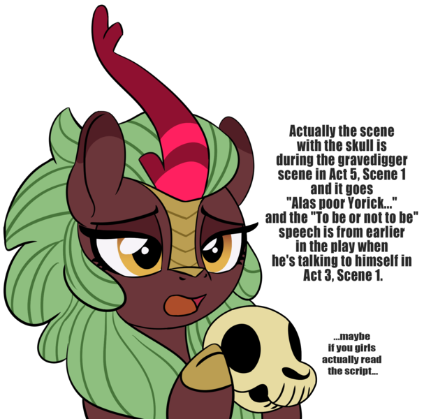 Size: 1959x1937 | Tagged: alas poor yorick, artist:lockhe4rt, cinder glow, derpibooru import, dialogue, female, hamlet, kirin, safe, shakespeare, simple background, skull, solo, sounds of silence, summer flare, to be or not to be, transparent background