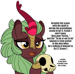 Size: 1959x1937 | Tagged: alas poor yorick, artist:lockhe4rt, cinder glow, derpibooru import, dialogue, female, hamlet, kirin, safe, shakespeare, simple background, skull, solo, sounds of silence, summer flare, to be or not to be, transparent background